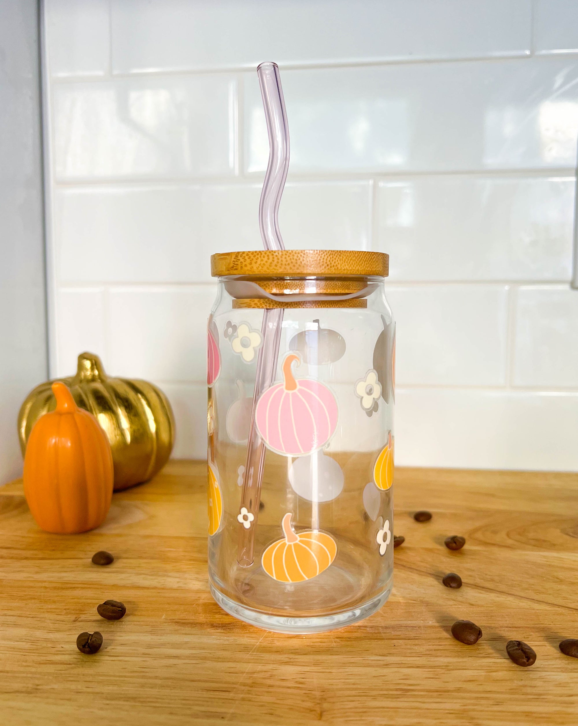 Pink Flower Pumpkin 16oz Iced Coffee Cup