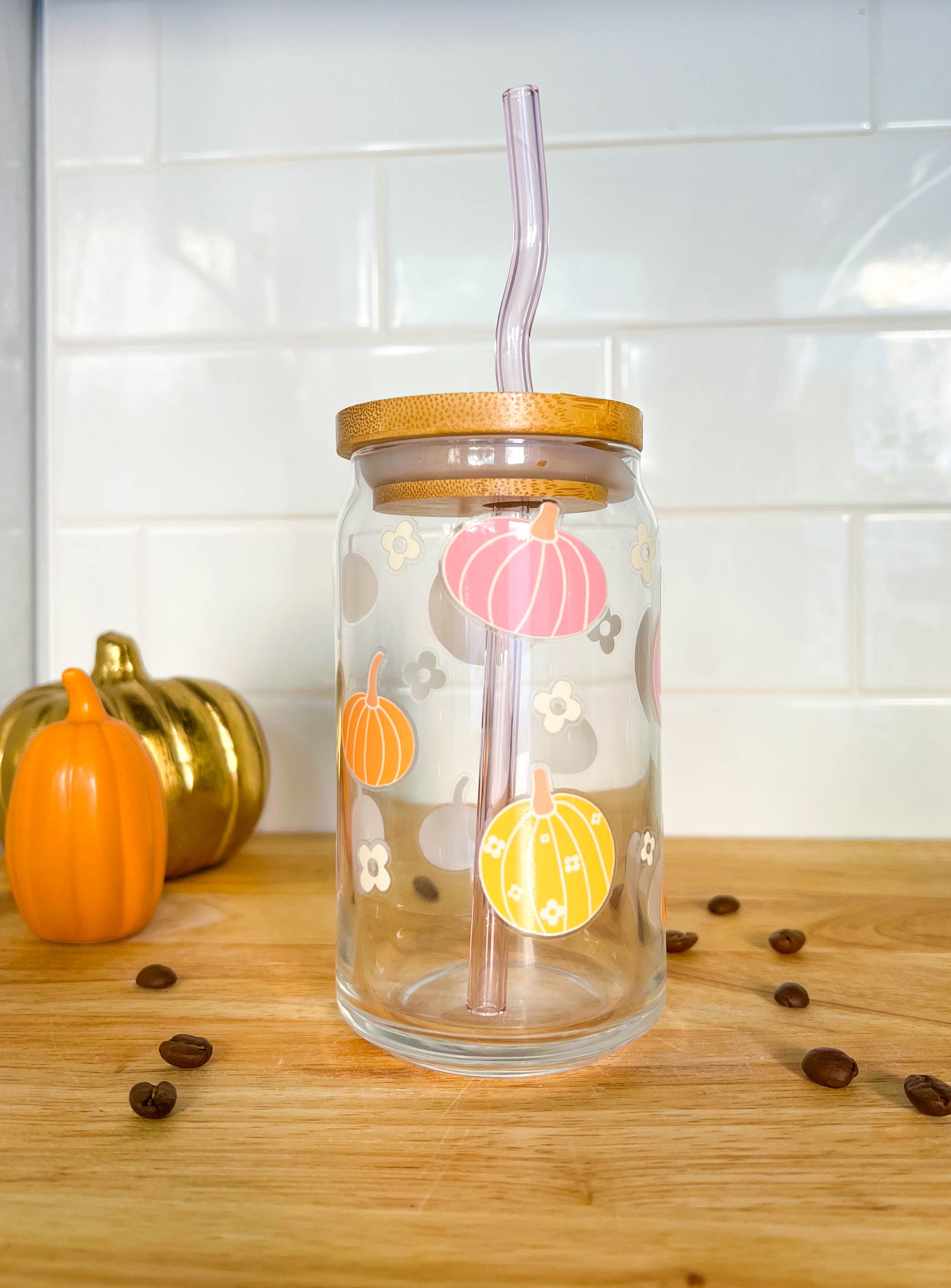 Pink Flower Pumpkin 16oz Iced Coffee Cup