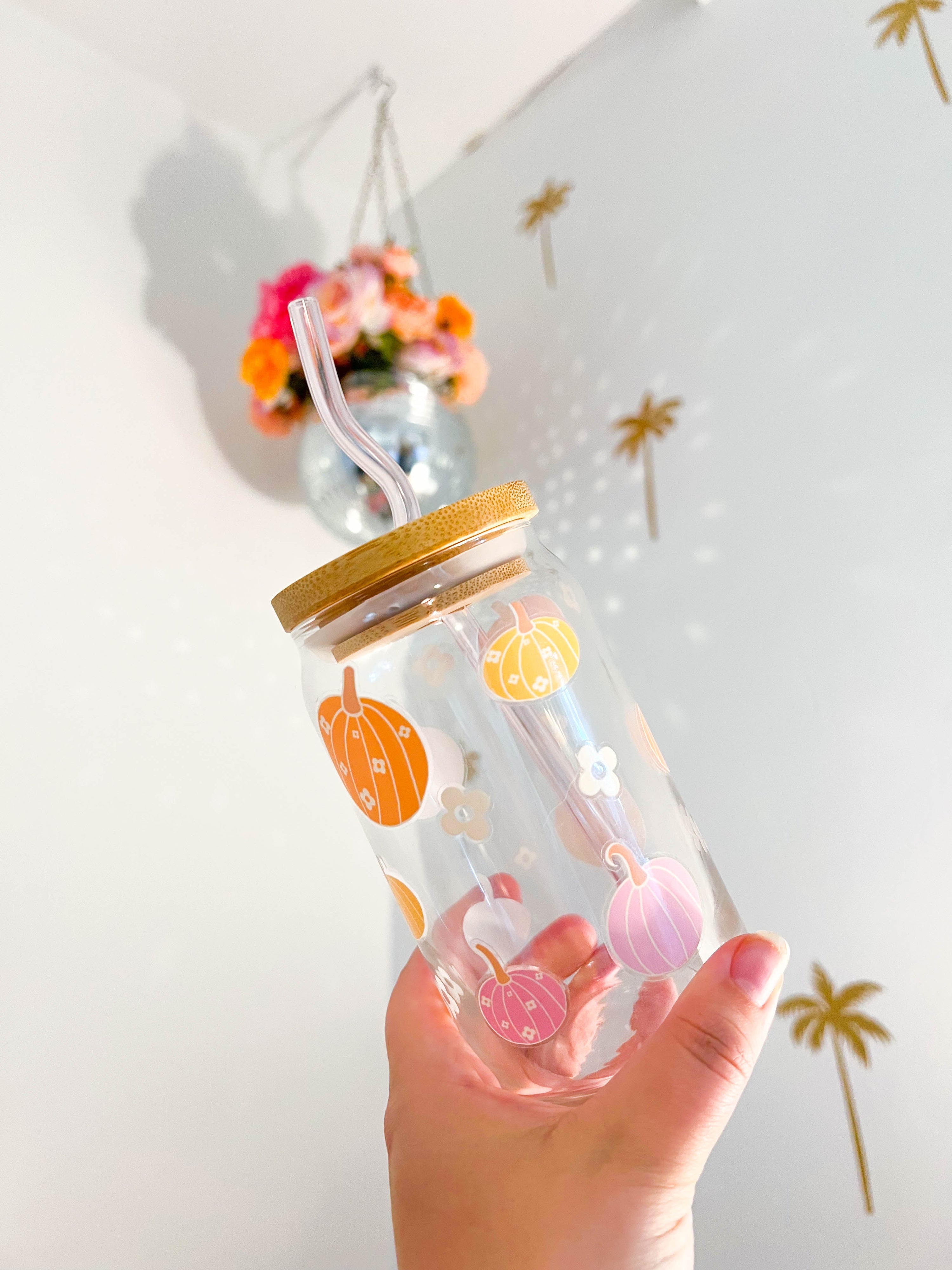 Pink Flower Pumpkin 16oz Iced Coffee Cup
